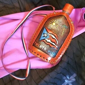 Handcrafted & Hand Painted Genuine Leather Glass Canteen with Shoulder Strap